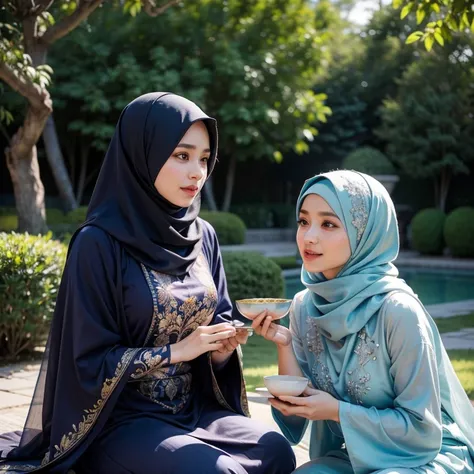 half body, a stunningly beautiful muslimah wearing shawl and malay baju kurung, having tea in a beautiful garden with her husband, 8K, absurdres, photorealistic, sharp focus, light bokeh, masterpiece, perfect beautiful face, perfect fingers, perfect body