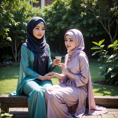 half body, a stunningly beautiful muslimah wearing shawl and malay baju kurung, having tea in a beautiful garden with a man, smiling happlily, 8K, absurdres, photorealistic, sharp focus, light bokeh, masterpiece, perfect beautiful face, perfect fingers, pe...