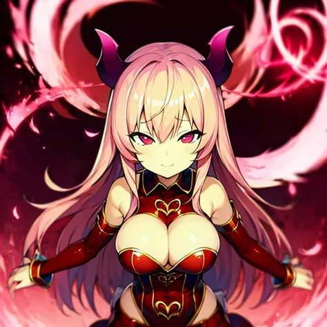 Succubus　pose of temptation　erotic body　　cute face　fascinating face　pose with arms outstretched　heart mark　slight smile　pink hair　eyes are hearts　4-arm　charm magic　Angle from above