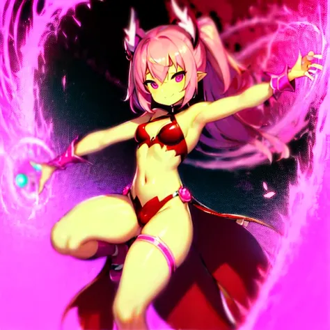 Succubus　pose of temptation　erotic body　　cute face　fascinating face　pose with arms outstretched　heart mark　slight smile　pink hair　eyes are hearts　4-arm　charm magic　Angle from above