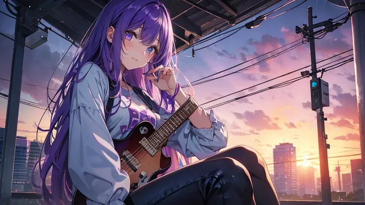 1 girl, purple blue hari, purple bright ayes, long hair, casual glory shirt, with a bangs, playing gitar, under the rain and sit on a chair in the middle of an empty city when sunset comes, beauty faces