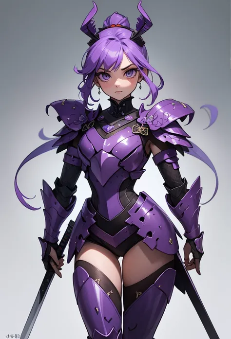 (Detailed illustrations,Very detailed and detailed drawing,Delicate lines with slow and rapid,Realistic texture expression),[Color tressed main line],(Fantasy World Battlefield Background [Burning castle]),(GIRL ROBOT 16yo (purple scorpion[METALFACE]) (SKI...