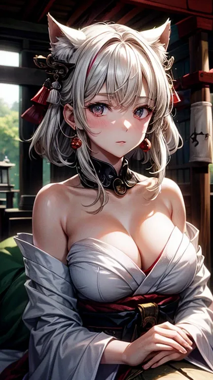 Masterpiece, ultra quality, absurdres, cinematic lighting, Japanese shrine, shrine maiden, Kemono, bare shoulders, cleavage, medium breasts, brown eyes, expressive eyes, focused, white hair, hair brushed sideways, medium hair, no collars, sitting by a wind...