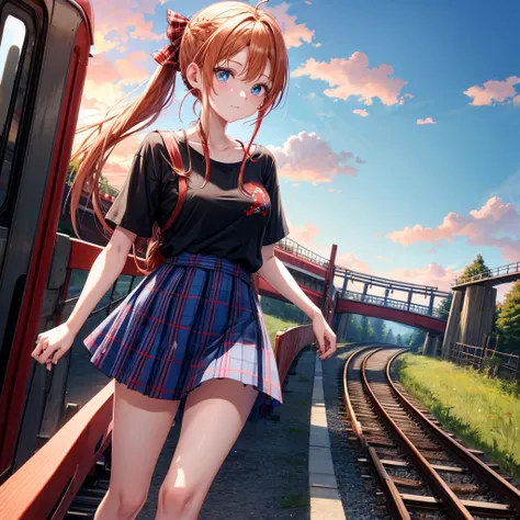 Red-blonde、blue hair、blue eyes、Braid、ponytail、one good looking girl、solo、anime、Plaid miniskirt、black t-shirt、camisole、forest、walking、Wearing a plaid baseball cap、barefoot、Tilting your face、log bridge、Doing the ribbon、sunset sky、Wearing headphones、Stone bri...