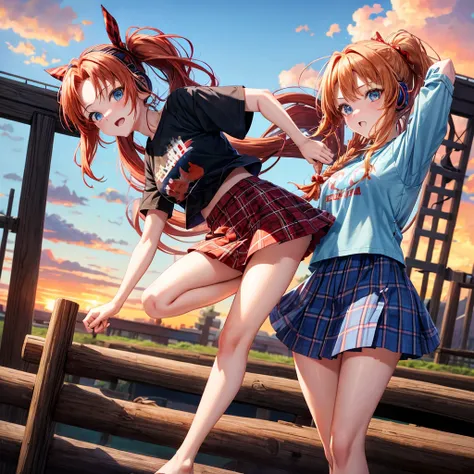 Red-blonde、blue hair、blue eyes、Braid、ponytail、one good looking girl、solo、anime、Plaid miniskirt、black t-shirt、camisole、forest、walking、Wearing a plaid baseball cap、barefoot、Tilting your face、log bridge、Doing the ribbon、sunset sky、Wearing headphones、Stone bri...