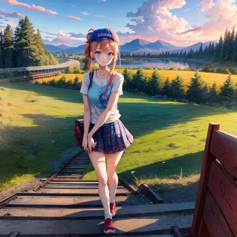 blue hair、Red-blonde、blue eyes、Braid、ponytail、one good looking girl、solo、anime、Plaid miniskirt、black t-shirt、camisole、forest、walking、Wearing a plaid baseball cap、Tilting your face、log bridge、Doing the ribbon、sunset sky、Wearing headphones、Stone bridge、train...