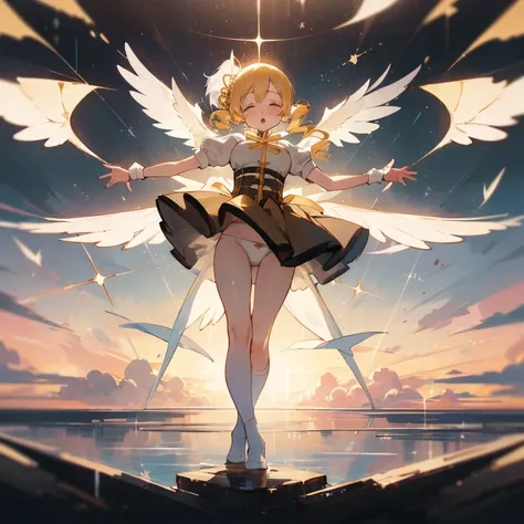 1 girl, scenery, solo, perfect anatomy, standing, spread arms, mami tomoe, masterpiece, best quality, highres, big breast, closed eyes, :o, (fluttering skirt, white panties:1.2), double exposure, sacred, glitter