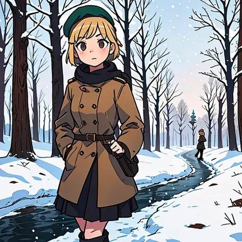 Young short finnish girl, short blonde hair, brown eyes, brown cross bag, long winter coat, long skirt, black winter boots, british beret hat, large winter forrest, snowing, traveling alone walking, 1 girl