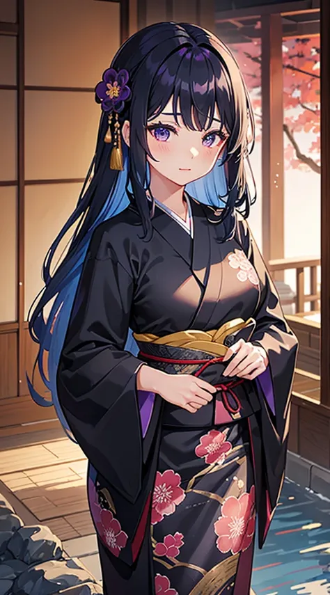 beautiful beauty、black kimono（plum blossom pattern）、wet appearance、（evening）Japanese garden、blue hair（long hair down to the waist）、purple eyes、Standing shy face