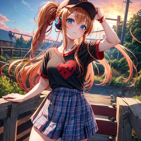 Red-blonde、blue hair、blue eyes、Braid、ponytail、one good looking girl、solo、anime、Plaid miniskirt、black t-shirt、camisole、forest、walking、Wearing a plaid baseball cap、Tilting your face、log bridge、Doing the ribbon、sunset sky、Wearing headphones、Stone bridge、train...