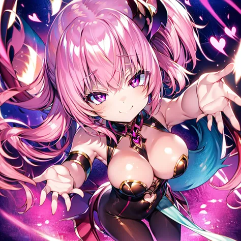 Succubus　pose of temptation　erotic body　　cute face　fascinating face　pose with arms outstretched　heart mark　slight smile　pink hair　eyes are hearts　4-arm　charm magic　Angle from above