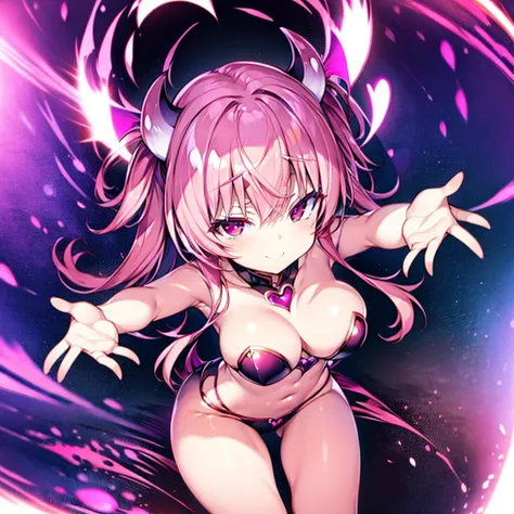 Succubus　pose of temptation　erotic body　　cute face　fascinating face　pose with arms outstretched　heart mark　slight smile　pink hair　eyes are hearts　4-arm　charm magic　Angle from above