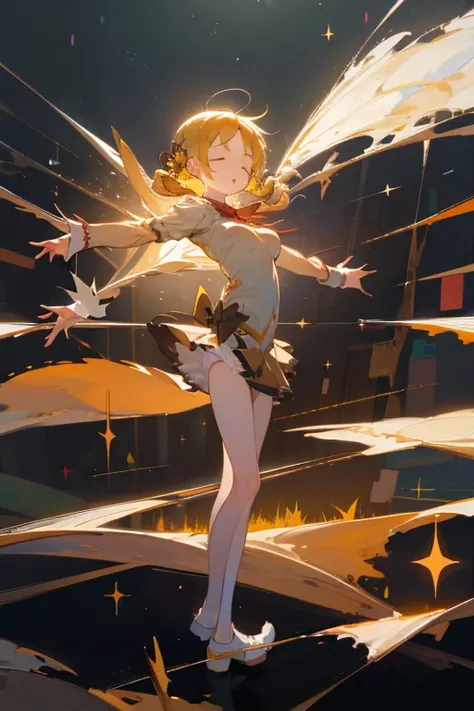 1 girl, scenery, solo, perfect anatomy, standing, spread arms, char_tomoe_mami_128dim, masterpiece, best quality, highres, big breast, closed eyes, :o, (fluttering skirt, white panties:1.2), double exposure, sacred, glitter, torn clothes