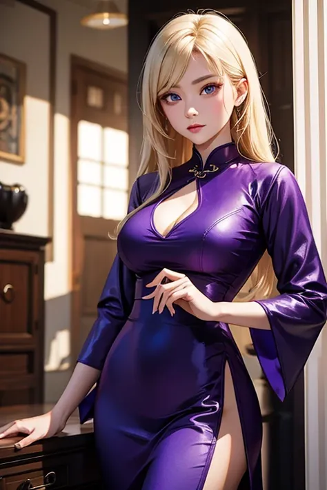 long purple cheongsam,blonde blue eyes,white people,evil female executive,A little more adult