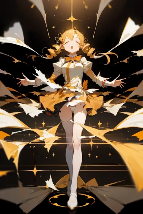 1 girl, portrait, solo, perfect anatomy, standing, spread arms, char_tomoe_mami_128dim, masterpiece, best quality, highres, big breast, closed eyes, :o, (fluttering skirt, white panties:1.1), double exposure, sacred, glitter, torn clothes