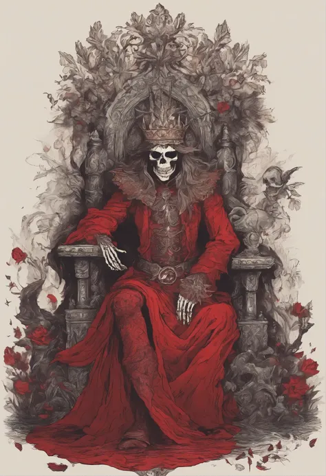 What looks like a throne and a skeleton sitting on it wearing gorgeous clothes and a crimson crown Demon King Nightmare