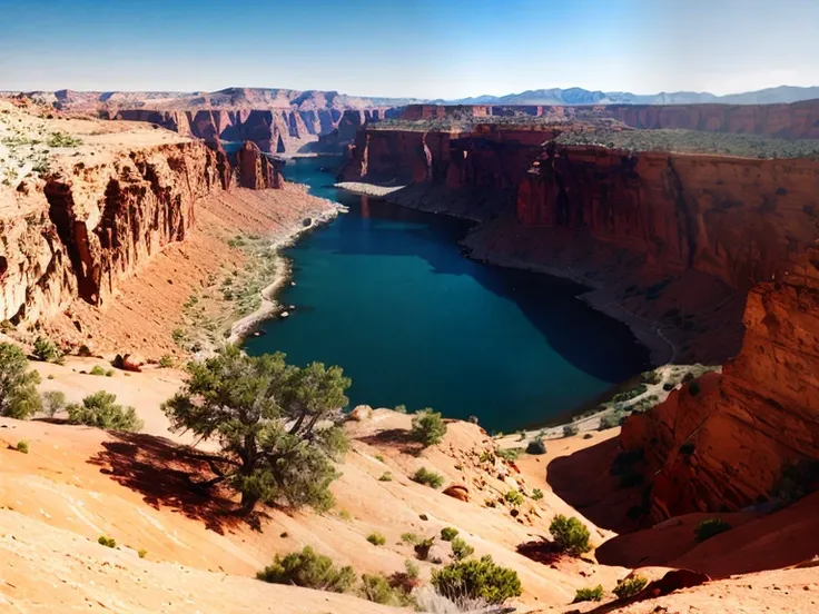 there is a large body of water in the middle of a canyon, canyon, beautiful panoramic images, american western scenery, canyons,...