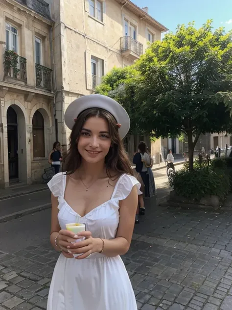 (meilleure qualité,haute résolution,ultra-détaillé:1.2), HDR, Des couleurs vives, belle fille, Place de Casablanca, Atmosphère animée, Architecture charmante, fleurs colorées, Gens heureux, vue imprenable, café confortable, Repas en plein air, temps ensole...