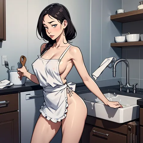 No clothes on，All I have on me is an apron，Washing dishes，Sexy figure，slender legs，hands behind the back，Slightly sideways，Shy expression with bowed head