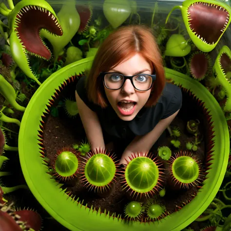 raw photograph, high-angle view shot, high resolution photograph, dark gothic jungle, one irish girl falling inside a gigantic venus flytrap, (extremely detailed gigantic venus flytrap:1.7), 20 years old, cute, pretty face, (perfect face), ginger, bob cut ...