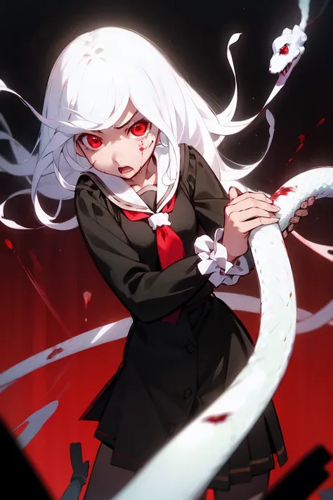 1 girl，Detailed details，White hair，white snake，red eyes，ferocious，shining eyes，God，Scrunchie on one wrist，red tie，sailor，long sleeve，night，blood splatter，Bloody，almost pitch black，dark lighting