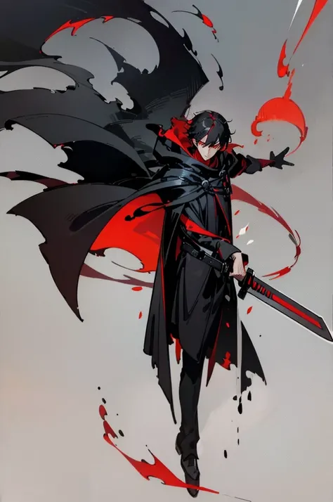 A man, 25 years old, solo, full body, white short hair, red eyes, black cloak, Sword with red blade