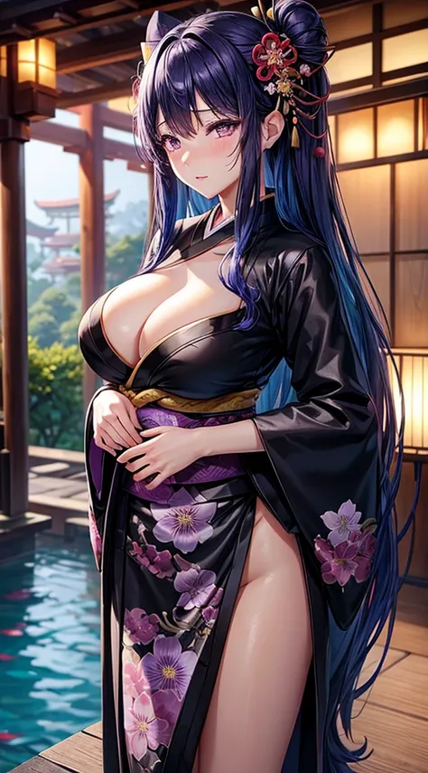 Beautiful woman with big breasts、black kimono（plum blossom pattern）、wet kimono、wet appearance、blue hair、（evening）Japanese garden、long hair down to the waist、purple eyes、embarrassed face、standing position