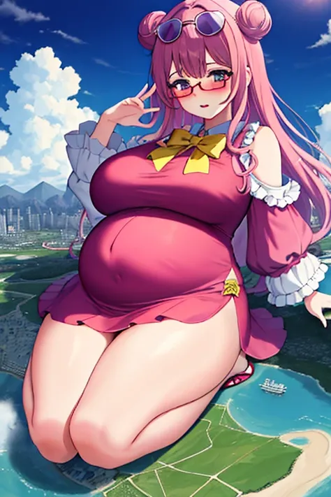 Giant maiden，Moe two-dimensional style，Pregnancy status，Round belly, Huge breasts, Thick thighs，Gaze at the bustling city, Lying down, Burp, Burping, Loud burp, Really loud burp, Glasses, Embarrassed, Full body