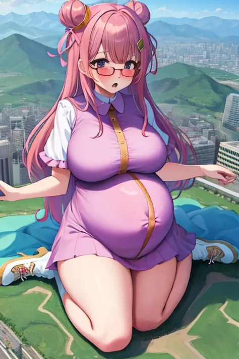 Giant maiden，Moe two-dimensional style，Pregnancy status，Round belly, Huge breasts, Thick thighs，Gaze at the bustling city, Lying down, Burp, Burping, Loud burp, Really loud burp, Glasses, Embarrassed, Full body