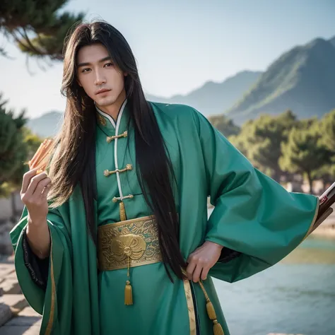 Ancient Chinese Immortality Novels，male asian，Personable，Handsome，Jade fan in hand，long hair，A noble man in ancient costume