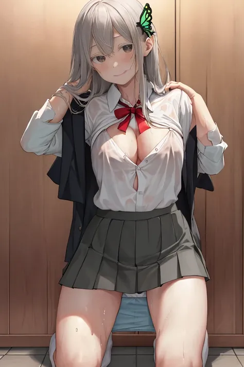 masterpiece, highest quality, High resolution, high resolution, one girl, alone, angle from below, skirt, shirt, の白色のYshirt, unbuttoned, fluffy, cleavage,protruding nipples, difficult, gray hair,Pleated skirt, socks, Black skirt, long hair, long sleeve, ba...