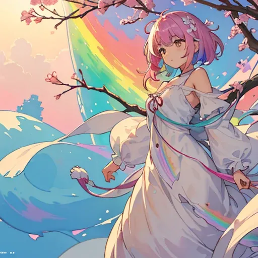 girl、provide large watercolor dyes、large colorful oversized bouquet、amazing dynamism、amazing angle、Pastel sandstorm of unstable buoyancy、(((A lot of gentle oversized cotton is closely connected and chased.)))、((surround each other&#39;branching rainbow pod...