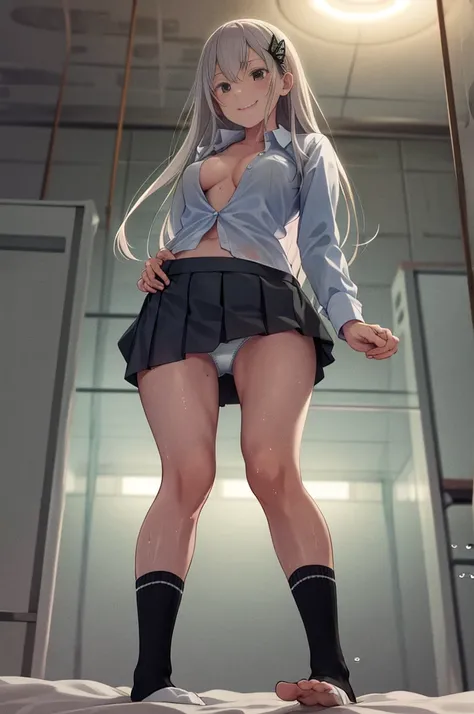 masterpiece, highest quality, High resolution, high resolution, one girl, alone, angle from below, skirt, shirt, の白色のYshirt, unbuttoned, fluffy, cleavage,protruding nipples, difficult, gray hair,Pleated skirt, socks, Black skirt, long hair, long sleeve, ba...