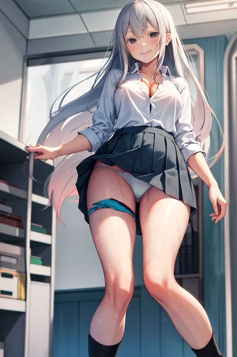 masterpiece, highest quality, High resolution, high resolution, one girl, alone, angle from below, skirt, shirt, の白色のYshirt, unbuttoned, fluffy, cleavage,protruding nipples, difficult, gray hair,Pleated skirt, socks, Black skirt, long hair, long sleeve, ba...