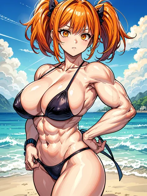 （（（masterpiece、Highest image quality、highest quality、highly detailed unity 8ｋwallpaper）））、（（Illustration of one girl））、（（（beautiful girl）））、（（orange hair、side pony、orange eyes））、（stocky build, thickset physique, muscular legs, broad shoulders, solid chest）...