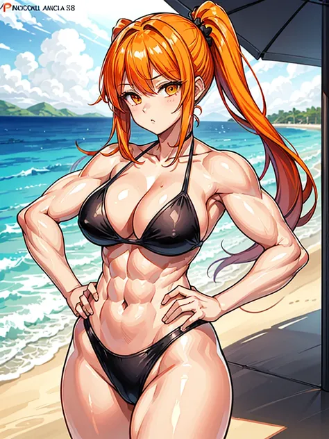 （（（masterpiece、Highest image quality、highest quality、highly detailed unity 8ｋwallpaper）））、（（Illustration of one girl））、（（（beautiful girl）））、（（orange hair、side pony、orange eyes））、（stocky build, thickset physique, muscular legs, broad shoulders, solid chest）...