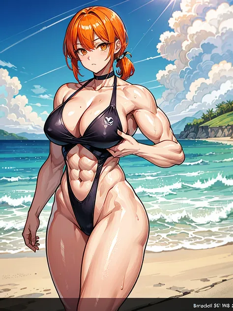 （（（masterpiece、Highest image quality、highest quality、highly detailed unity 8ｋwallpaper）））、（（Illustration of one girl））、（（（beautiful girl）））、（（orange hair、side pony、orange eyes））、（stocky build, thickset physique, muscular legs, broad shoulders, solid chest）...