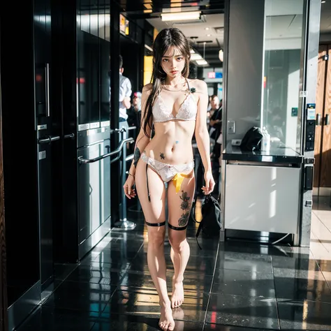 Glass skyrise building，Sexy standing pose，Full body portrait 1.1，18-year-old girl，Random white transparent small underwear and panties，lean and slender body，As thin as a whipping post，Skinny，The barefoot，Random nudity throughout the body1.1，(Random exposur...