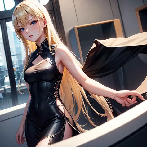 long black cheongsam dress,blonde blue eyes,white people,evil female executive,A little more adult