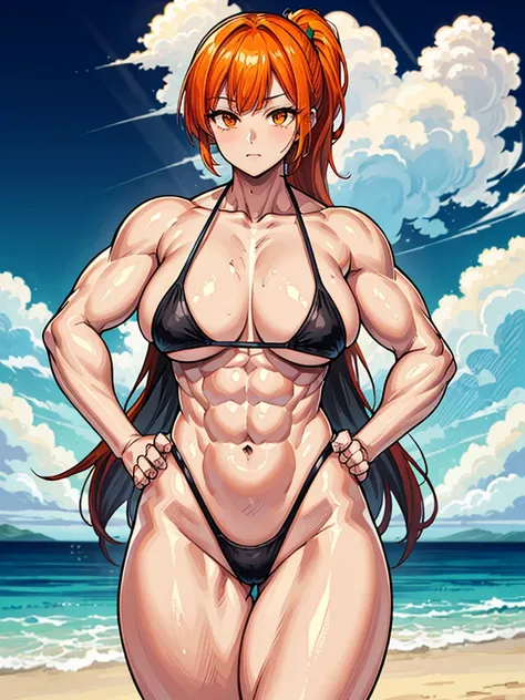 （（（masterpiece、Highest image quality、highest quality、highly detailed unity 8ｋwallpaper）））、（（Illustration of one girl））、（（（beautiful girl）））、（（orange hair、side pony、orange eyes））、（stocky build, thickset physique, muscular legs, broad shoulders, solid chest）...