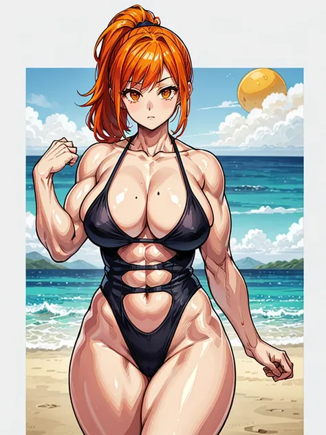 （（（masterpiece、Highest image quality、highest quality、highly detailed unity 8ｋwallpaper）））、（（Illustration of one girl））、（（（beautiful girl）））、（（orange hair、side pony、orange eyes））、（stocky build, thickset physique, muscular legs, broad shoulders, solid chest）...