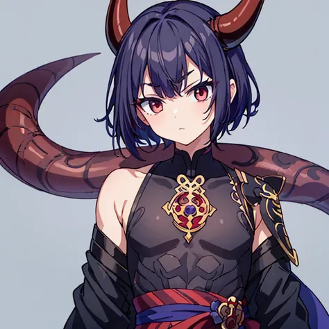 1boy((best quality)), ((masterpiece)), (detailed), perfect face1 boy;((best quality)), ((masterpiece)), (detailed), perfect face;shuten doji style; pretty face ; pretty boy, demon horns protruding out of forehead; black hair; lean physique; wearing tight s...