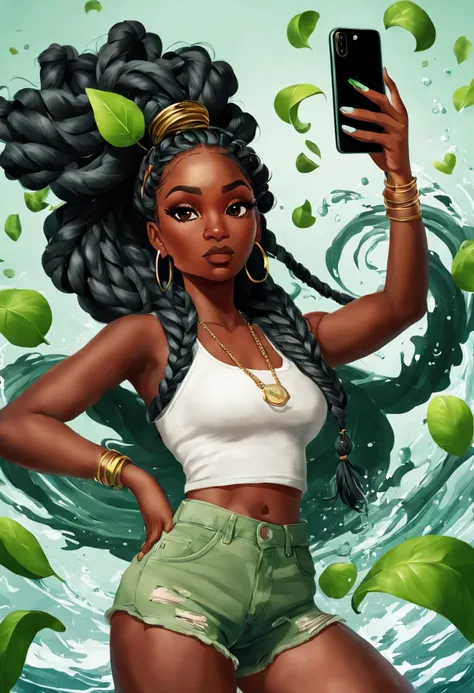 A digital artwork of a woman with dark skin, and voluminous black waist length braids, taking a selfie with a green iPhone smartphone. She’s emerging from the top of iPhone smartphone, creating a dynamic splash effect around her as if she’s part of the wat...