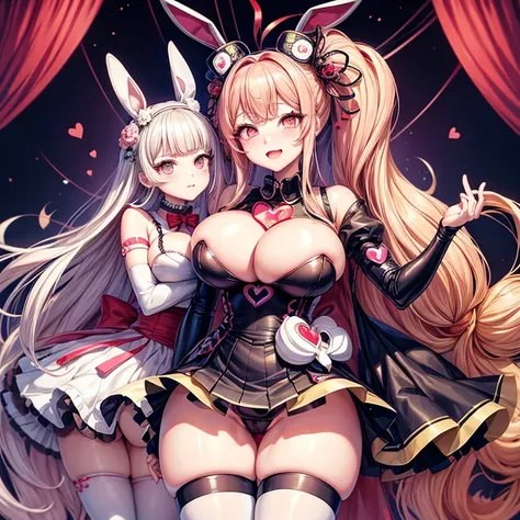 Alafi wearing a mask and a dress with a heart on it, Chiho,  Japanese maid cafe, kemonomimi, robot wearing a human mask, sakimichan, wearing Japanese tech wear, shikamimi, junko enoshima from danganronpa, has long floppy rabbit ears,(big breasts:1.3)