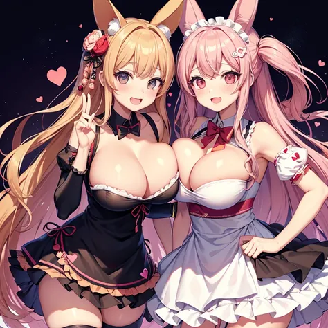 Alafi wearing a mask and a dress with a heart on it, Chiho,  Japanese maid cafe, kemonomimi, robot wearing a human mask, sakimichan, wearing Japanese tech wear, shikamimi, junko enoshima from danganronpa, has long floppy rabbit ears,(big breasts:1.3)