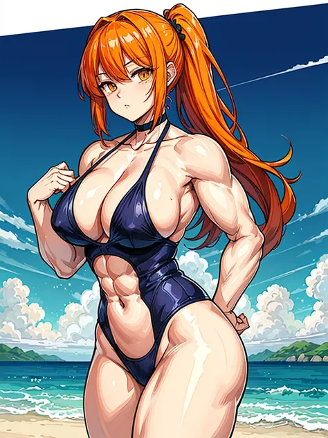 （（（masterpiece、Highest image quality、highest quality、highly detailed unity 8ｋwallpaper）））、（（Illustration of one girl））、（（（beautiful girl）））、（（orange hair、side pony、orange eyes））、（stocky build, thickset physique, muscular legs, broad shoulders, solid chest）...