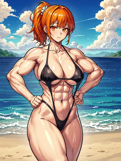 （（（masterpiece、Highest image quality、highest quality、highly detailed unity 8ｋwallpaper）））、（（Illustration of one girl））、（（（beautiful girl）））、（（orange hair、side ponytail、orange eyes））、（stocky build, thickset physique, muscular legs, broad shoulders, solid ch...