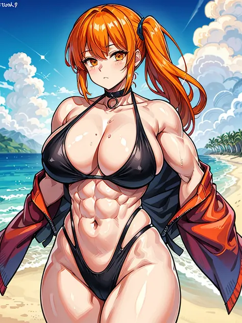 （（（masterpiece、Highest image quality、highest quality、highly detailed unity 8ｋwallpaper）））、（（Illustration of one girl））、（（（beautiful girl）））、（（orange hair、side ponytail、orange eyes））、（stocky build, thickset physique, muscular legs, broad shoulders, solid ch...