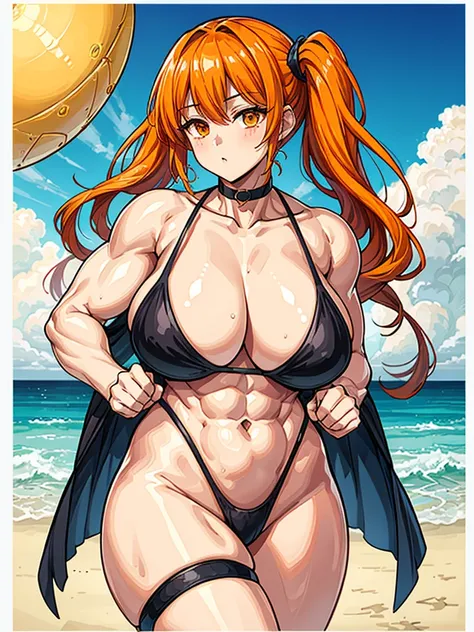 （（（masterpiece、Highest image quality、highest quality、highly detailed unity 8ｋwallpaper）））、（（Illustration of one girl））、（（（beautiful girl）））、（（orange hair、side ponytail、orange eyes））、（stocky build, thickset physique, muscular legs, broad shoulders, solid ch...