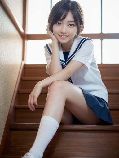 muste piece, Top quality, 8K, 15 years old, japanese girl, slender, Raw photo, absurd, award-winning portraits, (detailed face, shy smile), solo, School uniform, sailor uniform, short sleeve, idol face, super mini skirt, short socks, slim legs, shoes,  who...